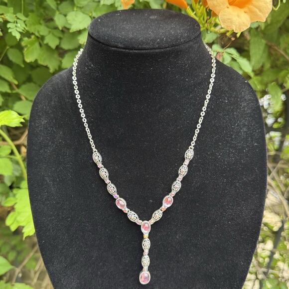 VTG Avon Silver Plate Filigree Cabochon AB Rhinstone Y Drop Lavaliere Necklace - Picture 2 of 16